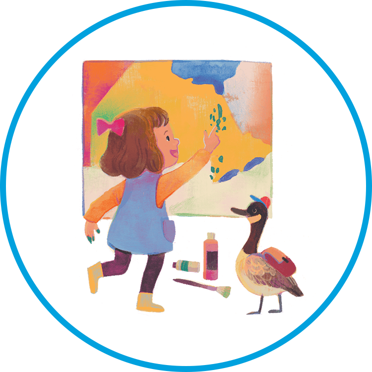 An illustration of a child and a Canada goose painting.