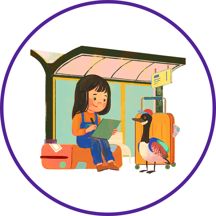 An illustration of a child and a Canada goose sitting at a bus stop.