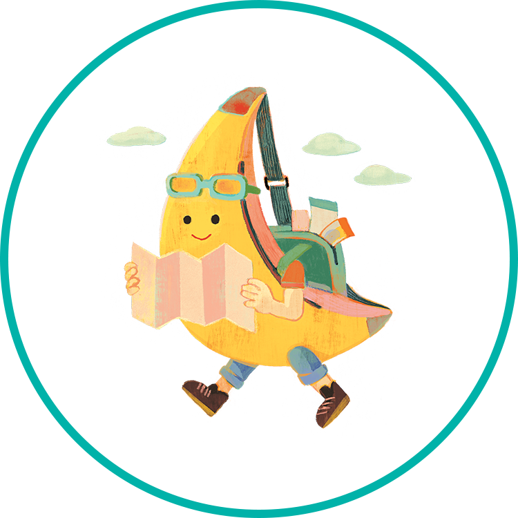 An illustration of a banana holding a map.