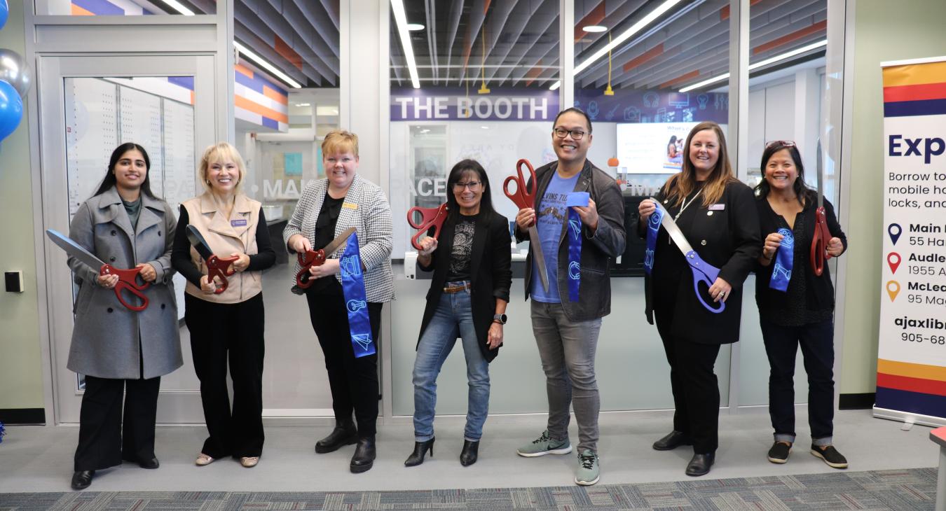 Local dignitaries at the ribbon cutting for the Library makerspace, October 28, 2023.