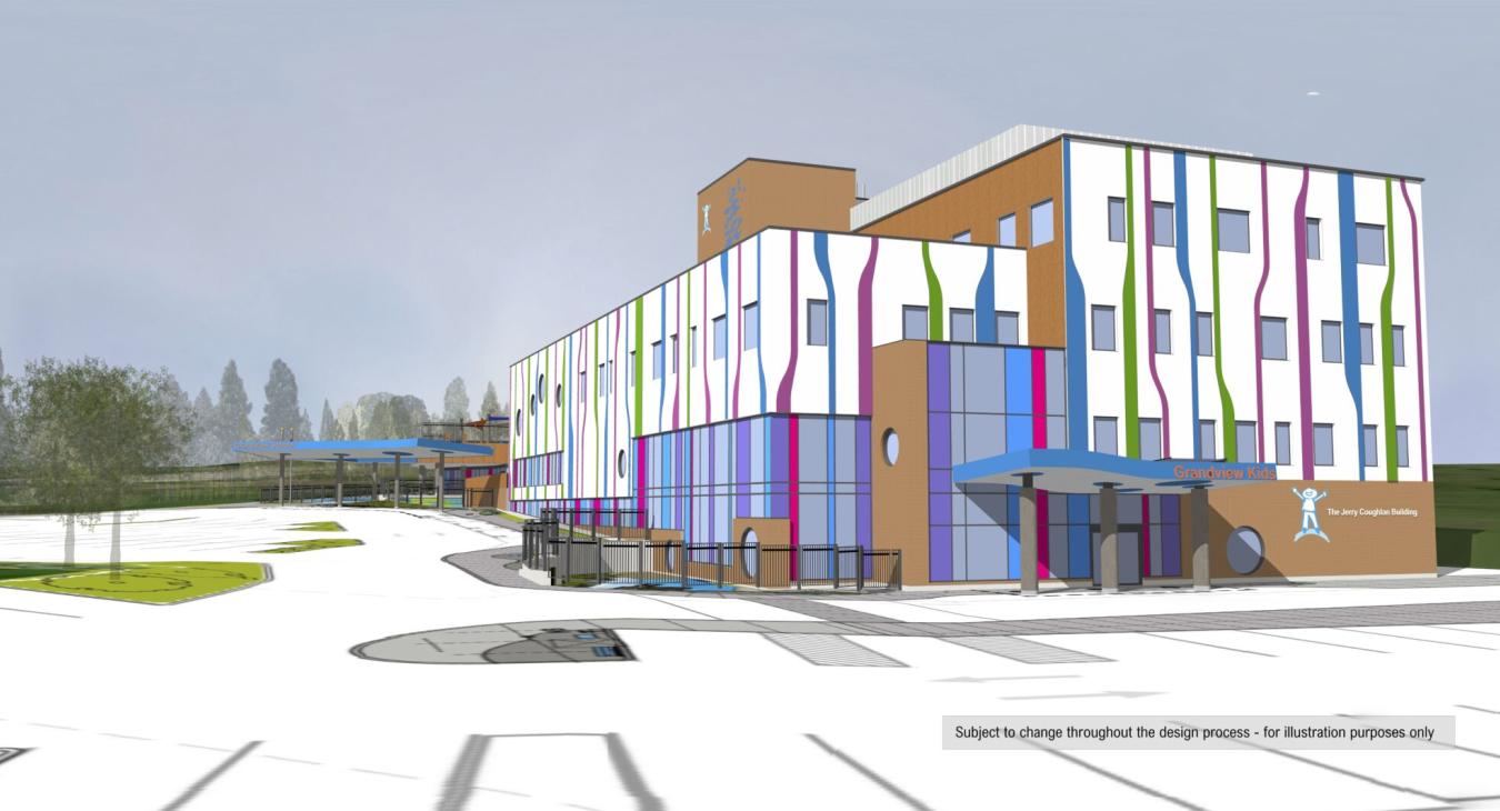 Rendered image of the exterior of the new Grandview kids building