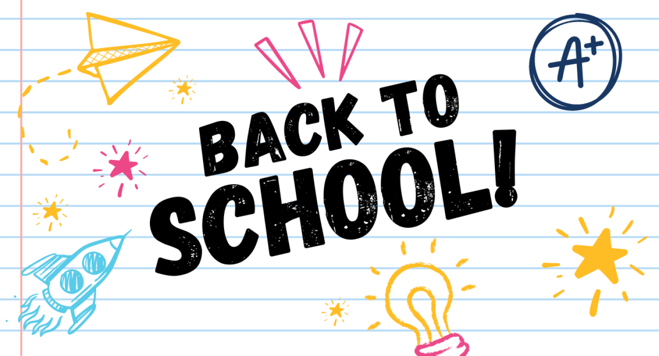 A graphic with a lined paper background with pink, blue, and yellow doodles on the page. There is black text that says Back to School!