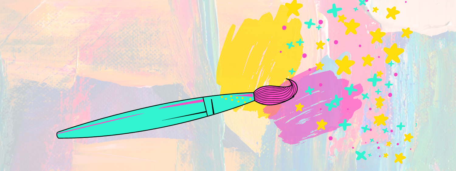 Paint background with an illustration of a paint brush with paint streaks and sparks.