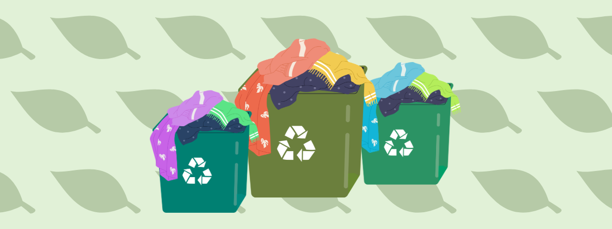 Green background with leaf pattern. Three illustrated green bins with clothing in them.