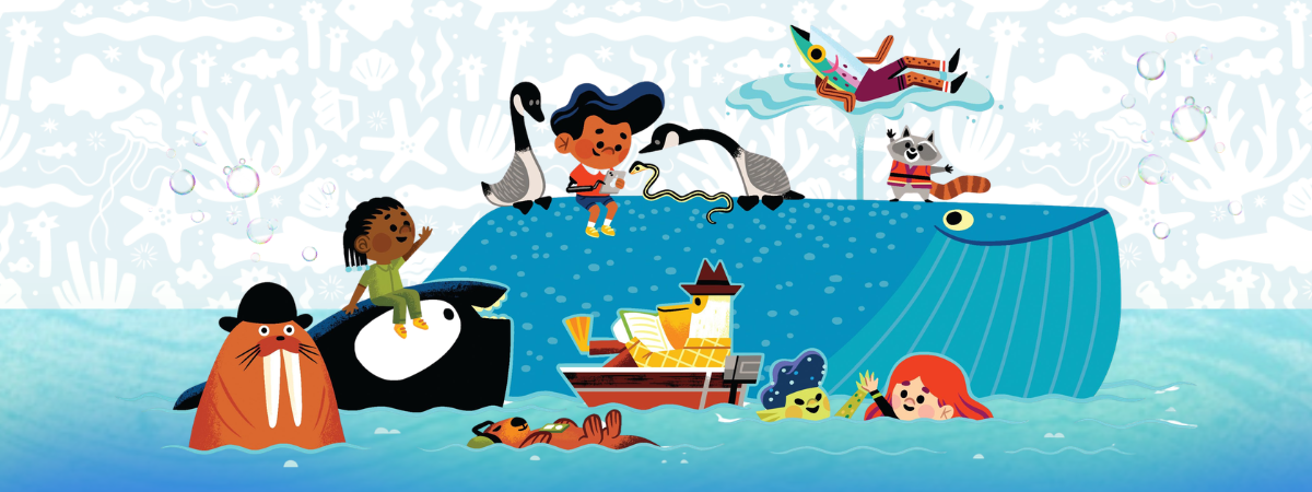 An illustration of children reading and listening to music on a blue whale in the ocean with other sea creatures.