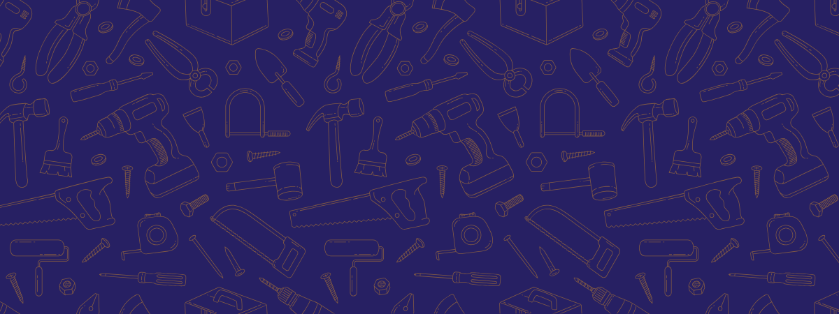Dark purple background with a pattern of yellow tools.