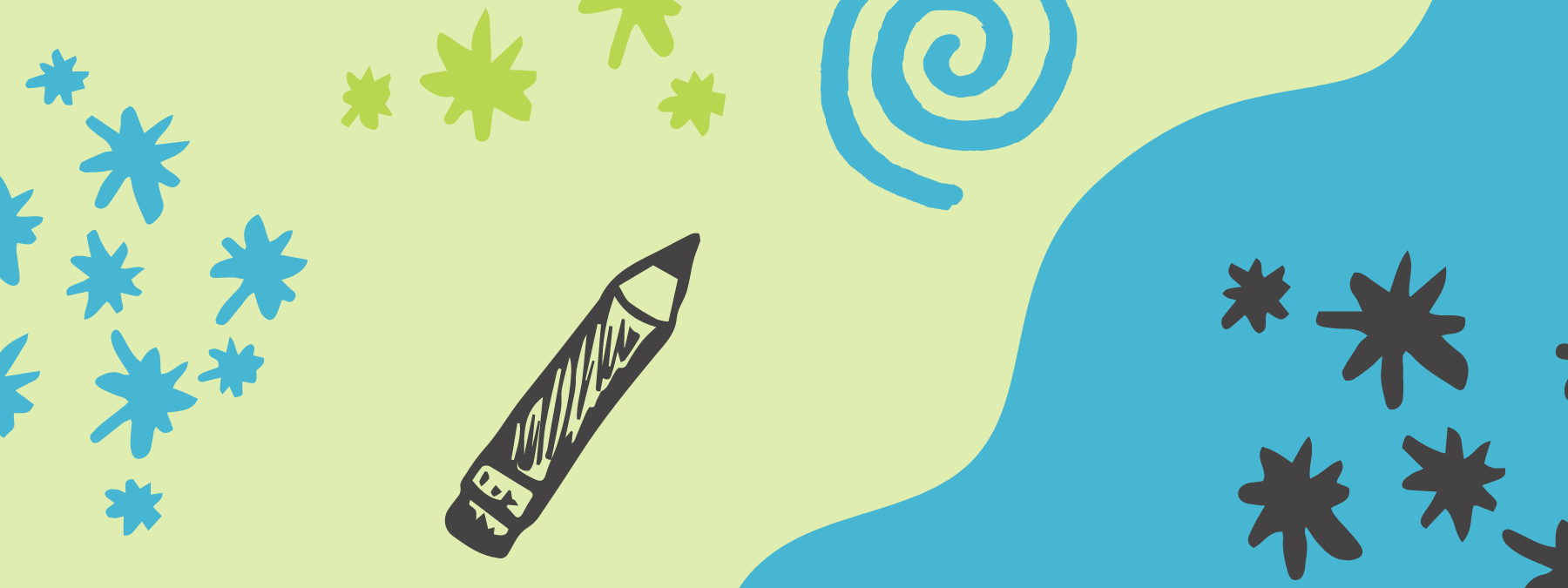 Light green and blue background with gray, blue, and green stars and swirls.
