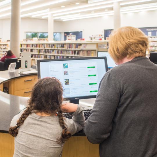 A woman and a child looking at a computer screen with their backs to the camera.