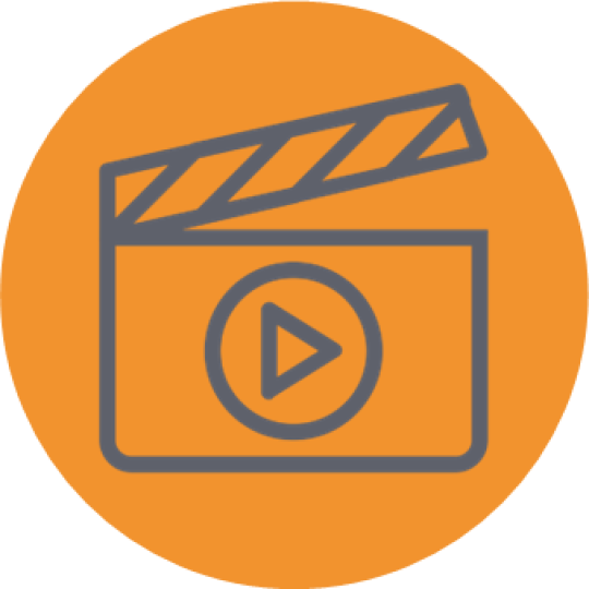 A film clapboard icon on an orange circle.