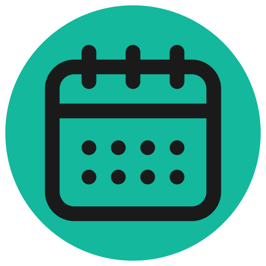 A circular teal and black calendar icon.