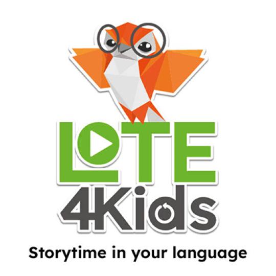 LOTE4Kids logo with an orange owl wearing glasses. 