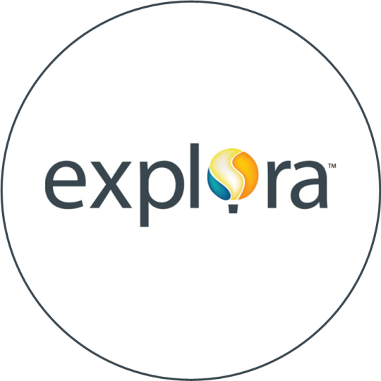 Explora logo, the O in Explora is replaced with a hot air balloon.