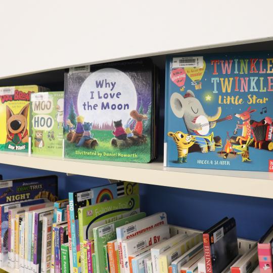 A photo of children's picture books on display at Main Branch.