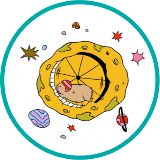 A hamster wheel embedded in an asteroid, with a hamster wearing a helmet running on it.