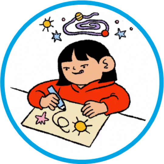 A girl drawing a space scene from her imagination.