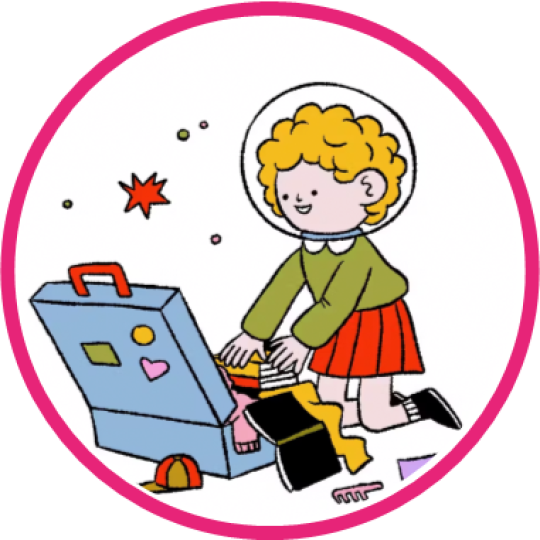 A girl packing a suitcase wearing a space helmet. 