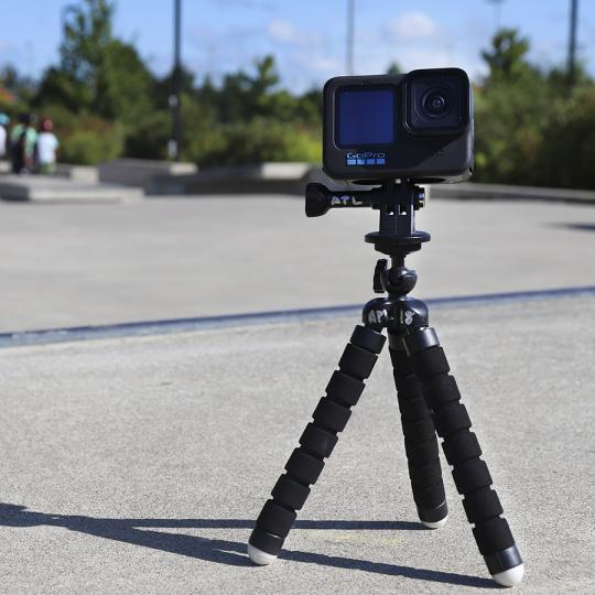 A GoPro set up on a small tripod at the skate park outside Audley Recreation Centre.