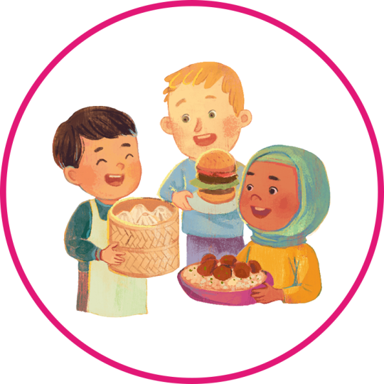 An illustration of three children laughing and holding food.