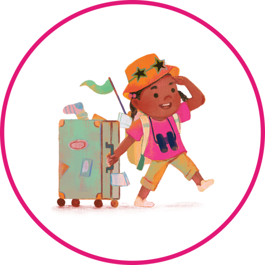 An illustration of a child wearing a hat, binoculars, and a backpack with a suitcase.