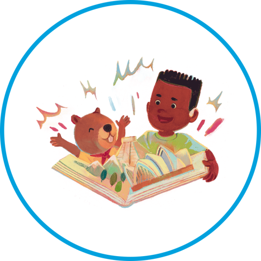 An illustration of a child and a beaver looking at an open book.
