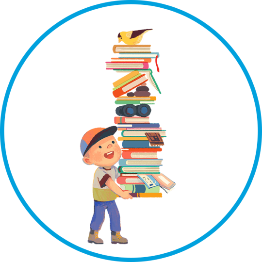 An illustration of a child with a baseball cap holding a huge stack of books.