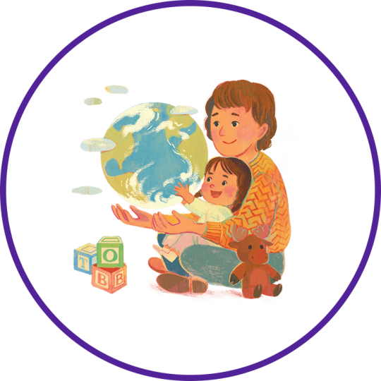 An illustration of an adult and child looking at the earth together.