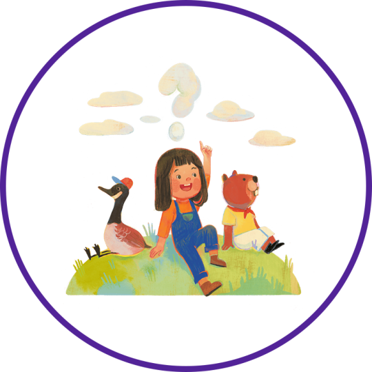 An illustration of a child sitting on a grassy hill with a beaver and a Canadian goose.