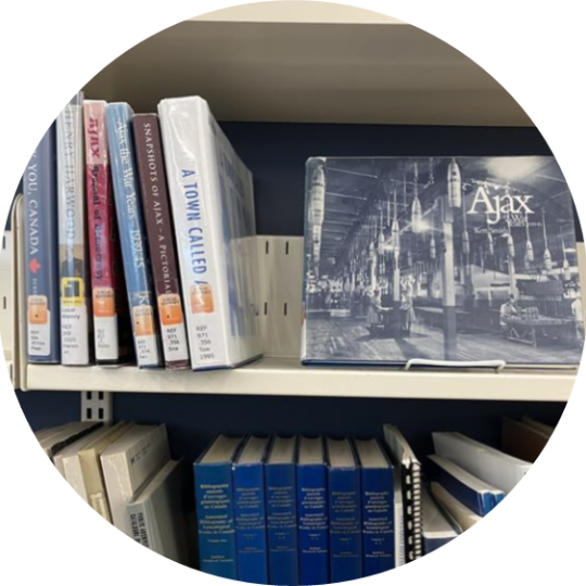 Books on a shelf in the local history collection. 