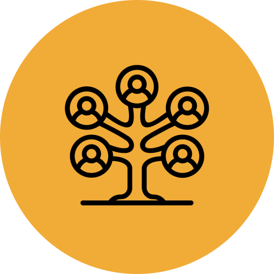 An icon representing a family tree on a gold background. 