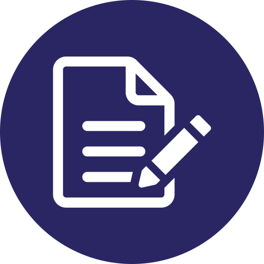 An icon representing a form on a blue background. 