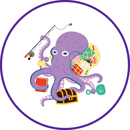 A cartoon drawing of an octopus carrying luggage with a round purple border.