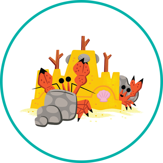 A cartoon drawing of two crabs playing in the sand with a round teal border.