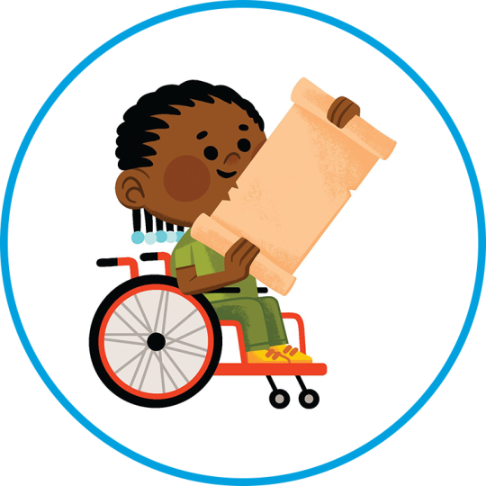 A cartoon drawing of a boy in a wheelchair reading from a scroll with a round blue border.