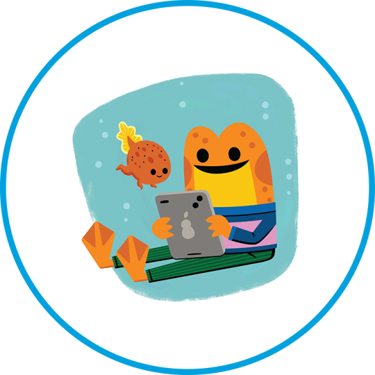 A cartoon drawing of a frog and a tadpole looking at a tablet together under water with a round blue border.